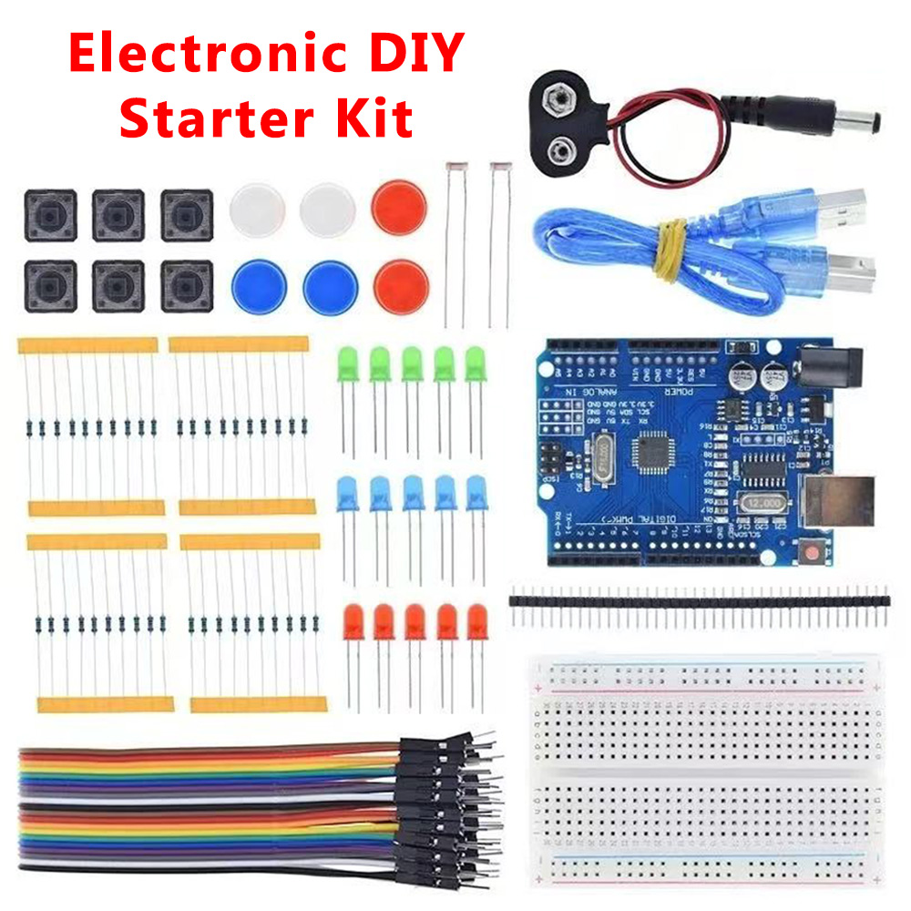 Diy Electronics Lab - Arduino R3ボード用電子DIYスターターキット、ミニブレッドボード、LED、ジャンパーワイヤー、ボタン、Arduino DIYキット、学校教育ラボ用