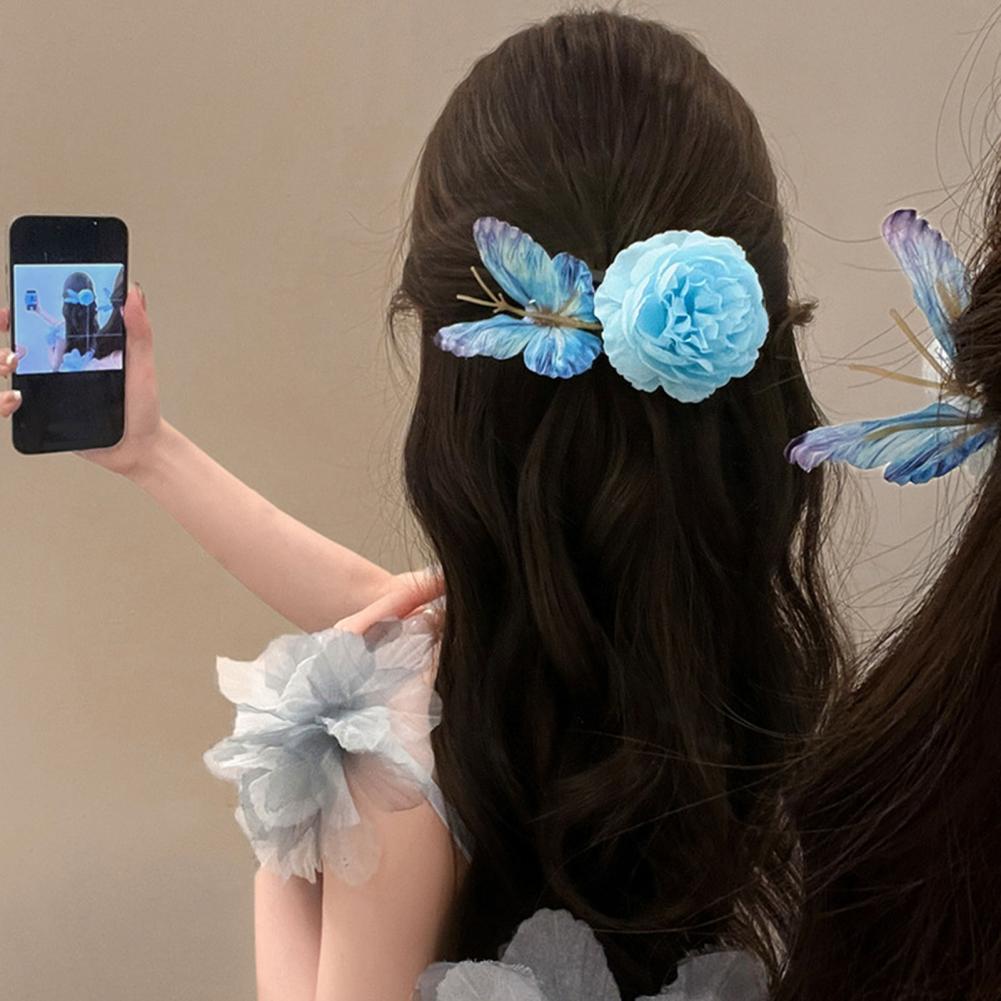 Crocodile Clip Set - 花のヘアクリップセット 蝶のヘアクリップ 人工牡丹の花付き アクリル製クロコダイルバレッタ 花のヘアピン ビーチ用