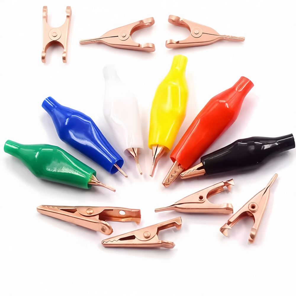 Crocodile Clip Set - 耐久性に優れた純銅製のワニ口クリップセット。多色の保護絶縁ケース付きで、電気回路のトラブルシューティングに最適。