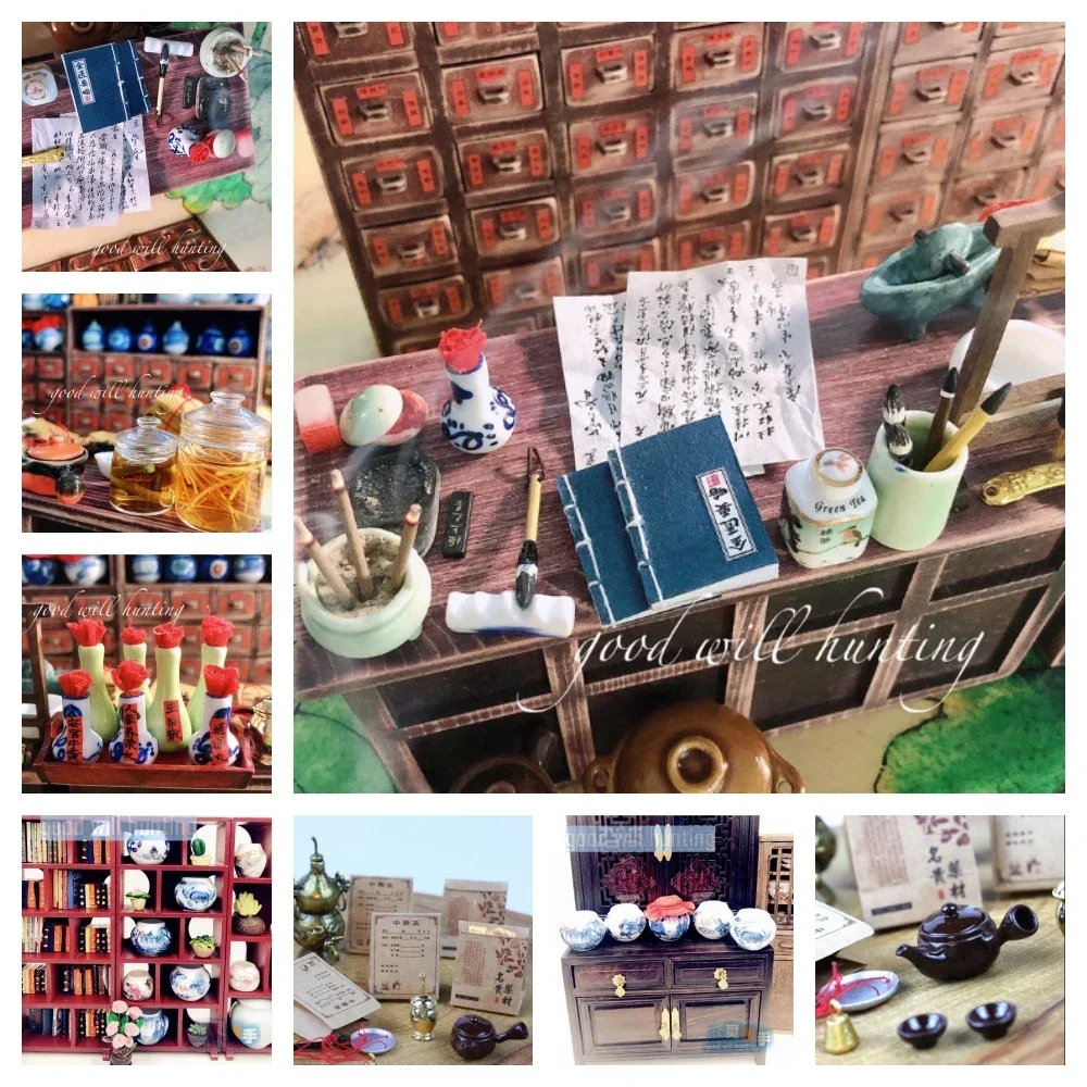 Diy Electronics Housing - ドールハウスのミニチュア,中国の薬のモデル,店のシーン,ピルの薬,ワインの処方,bjdの人形の装飾,1:12